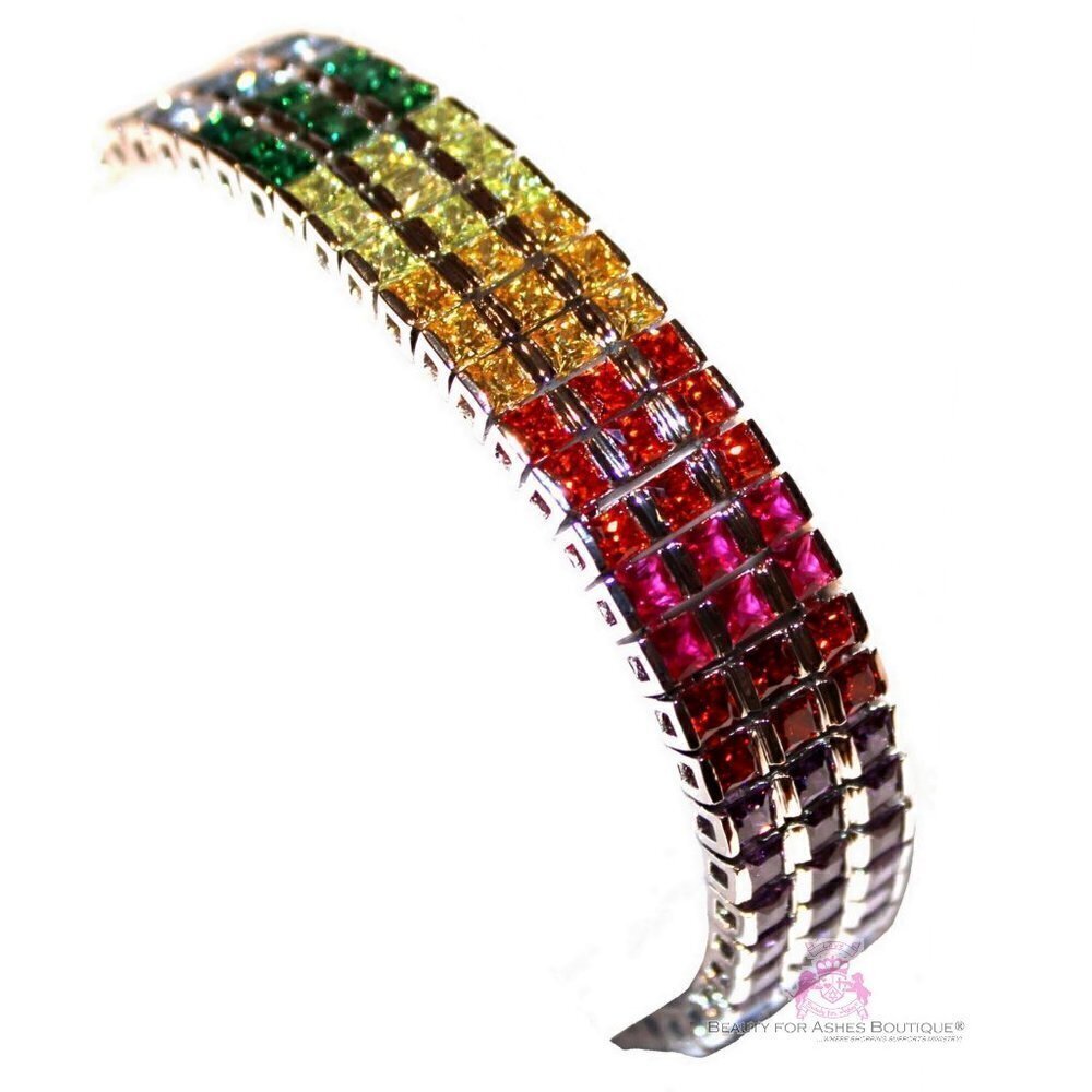 BFA Multicolor Rainbow Cz Cubic Zirconia Gods Promise Triple Row Gala Bracelet